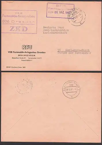 Fernmelde-Anlagen RFT Dresden ZKD Kastenstempel 27.12.67 an Deutsche Post Karl-Marx-Stadt