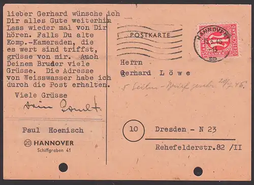 Hannover 15 Pf. AMP auf Karte 15.5.46 nach der SBZ Dresden, Aktenlochung, überfrankiert aus Mangel an 12 Pfg. Marke