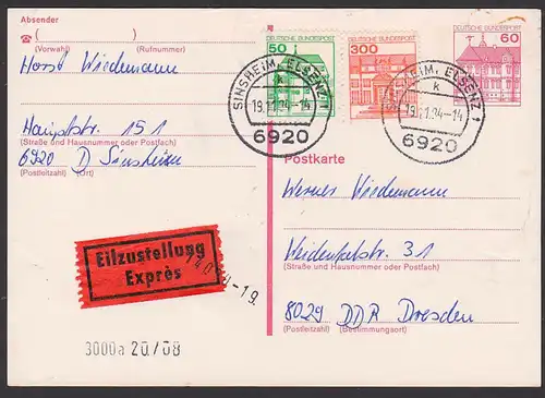 Sinsheim Elsenz GA mit Zusatzfrankatur mit Eilzustellung nach Dresden 19.11.94