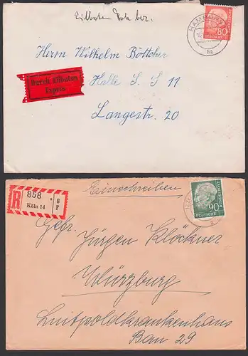 Theodor Heuss 80 und 90 Pfg. je Einzelfrankatur auf Eil- bzw. R-Brief BRD 264, 265, Hamurg , Köln