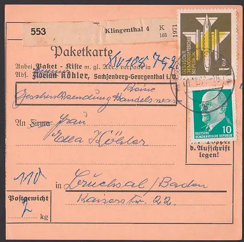 Klingenthal postinterna Paketkarte, 1 DM Luftpost Walter Ulbricht nach der BRD Bruchsal Bade, Altformular Sachsenberg