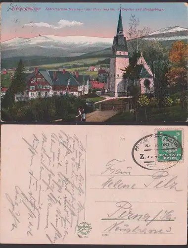 Schreiberhau-Mariental mit Haus Sunem, ev. Kapelle  Riesengebirge, Bahnpostst. Breslau - Kohlfurt 1925