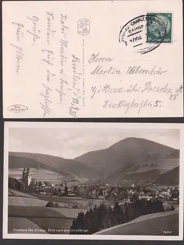 Friedland Bez. Breslau Fotokarte Blick nach Storchberg, Bahnpostst. Breslau - Charlottenburg 1936