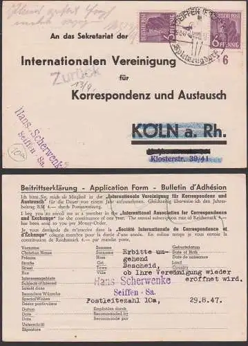 Seiffen Spielzeugdorf 29.8.1947 SoSt. Bergmann, Karte nach Köln Int. Vereinigung für Korrespndenz u. Austausch, "zurück"