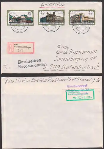 Karl-Marx-Stadt R-Brief kl. Satz Gebääude der Deutschen Post DDR 3146/48, portogenau Auslandsbrief mit Tauschmarke