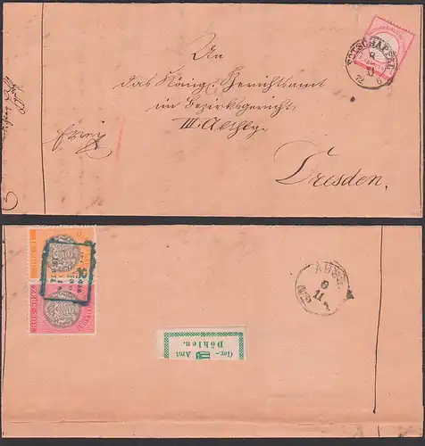 Potschappel 1 Gr.  DDR 4 Brief 8.11.1872 an Gerichtsamt Dresden, rs. 2 Stempelmarken zu 10 bzw. 15 Neugroschen