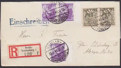 Berlin-Schöneberg R-Orts-Brief mit 30 Pf. im Paar Aufbau 25.7.46 auf Faltbrief