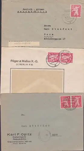 Berliner Bär SBZ 12 Pfg. in EF bzw MeF, 3 portogenaue Fernbriefe Berlin-Neukölln, Berlin N65, N20