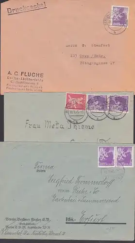 Berliner Bär SBZ 6 Pfg. in EF bzw MeF, 3 portogenaue Briefe Berlin-Lichterfelde, Berlin-Steglitz