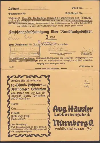 Niedersaida über Pockau (Flöhatal) Empfangsbescheinigung über Rundfunkgebühren 1933, Werbung Lebkuchenfabrik Nürnberg