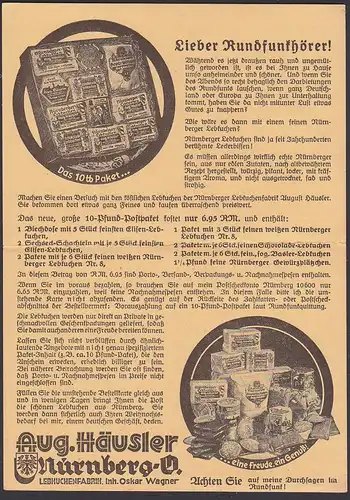 Niedersaida über Pockau (Flöhatal) Empfangsbescheinigung über Rundfunkgebühren 1933, Werbung Lebkuchenfabrik Nürnberg