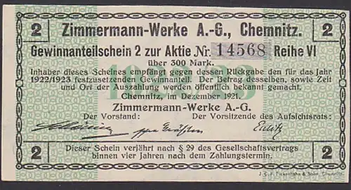 Chemnitz 1921 Zimmermann-Werke Anteilschein