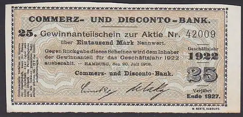 Hamburg 1922 Commerz- u. Disco- Bank Gewinnanteilschein 1.000 Mark Nennwert, Nr. 42009