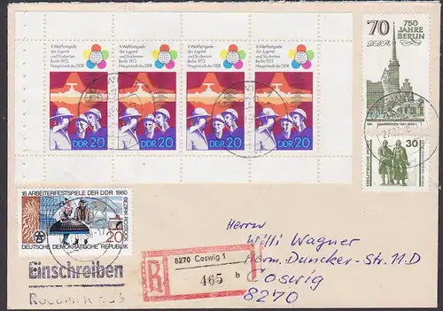 Berlin Weltfestspiele der Jugend 1973, MHBl. R-Brief mitz 30 Pfg. DM-Währung, portogenau Coswig 27.7.90