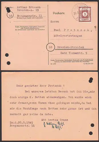 OPD Dresden 5 Pfg. SBZ 42A Ortskarte 25.9.45, portogenau, Aktenlochung an Möbelvertretung