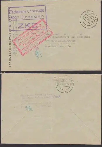 Dresden 'Aushändigung als gewöhnliche Postsendung' in rot, ZKD-KSt Technische Universität, rs. Kontrollst. Volkspolizei
