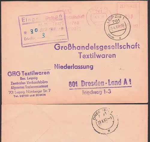 DDR ZKD Brief AFS =030= Leipzig GHG Textilwaren 1967 Zentraler Kurierdienst