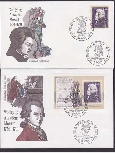 Wolfgang Amadeus Mozart Marke aus Block 26 u. Block BRD 1571 FDC