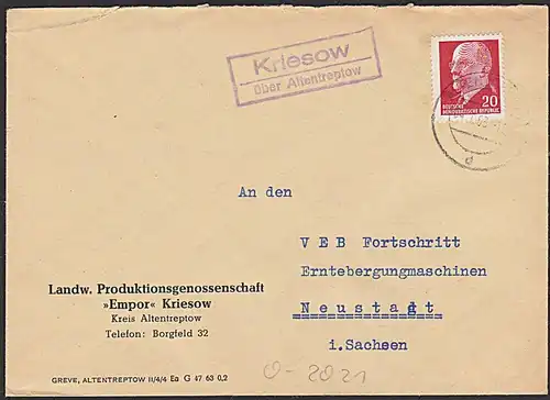 Kriesow über Altentreptow PSSt. 20 Pf. Walter Ulbricht LPG 'Empor' Spatelstempel Poststellenstempel