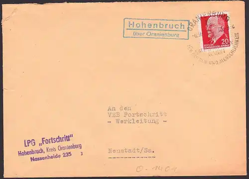 Hohenbruch über Oranienburg Poststellenstempel SSt. Sachsenhausen mahnt Abs LPG Poststellenstempel