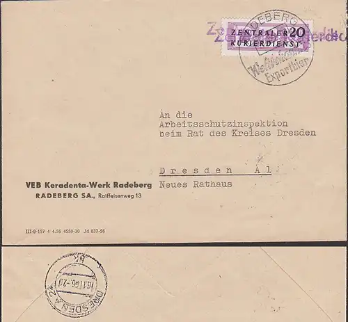 Radeberg WSt. 'weltbekanntes Exportbier' ZKD-Beleg Zeilenstempel, Zentraler Kurierdienst der DDR