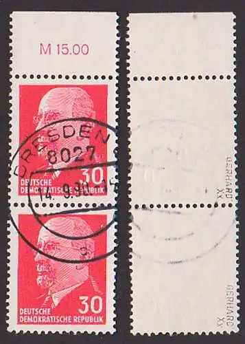 30 Pfg. Walter Ulbrich DDR 935XxI OR3 gestempelt im senkr. Paar, geprüft