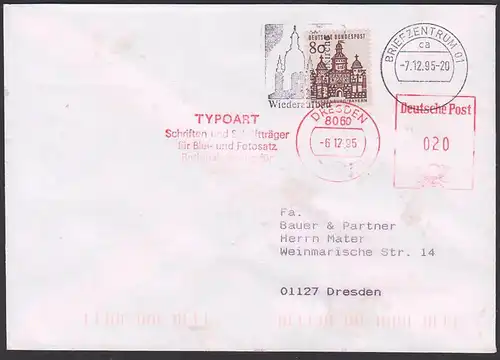 BRD AFS =DP 020= MiF Dresden TYPOART noch 4stellige Postleitzahl 6.12.95, MWSt. Frauenkirche Wiederauffbau
