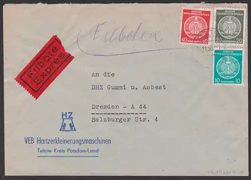 TELTOW Eilbrief 40, 20, 10 Pfg nach Dresden, VEB Hartzerkleinerungsmaschinen, Potsdam-Land