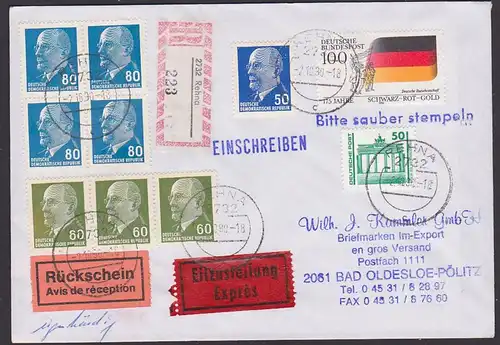 Währungsunion DDR 80 Pf(4) Walter Ulbricht R-Rs-Ex-Brief Rehna Deutsche Burschenschaft, DDR Letzttag 2.10.90