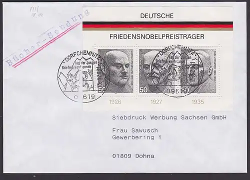 Deutsche Friedensneobelpreisträger BRD Bl. 11 "Büchersendung" portogenau, Stresemann, Ossietzky SoSt. Dorfchemnitz