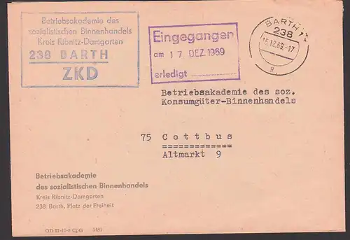 BARTH Betriebsakademie des sozialistischen Binnenhandels Riebnitz-Damgarten ZKD-Brief 15.12.69