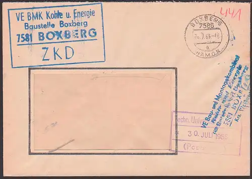 BOXBERG VE BMK Kohle u. Energie Baustelle ZKD-Brief R4 in blau statt violett, montan zweispachiger OSt. HAMOR