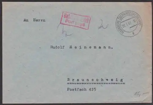 Hornberg (Schwarzwaldbahn) Barfrankatur 20.3.47, R2 "Gebühr bezahlt Port Paye" nach Braunschweig
