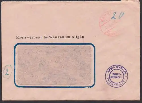 Wangen (Allgäu) Barfrankatur 24.8.49, "Gebühr bezahlt" Kreissozialamt