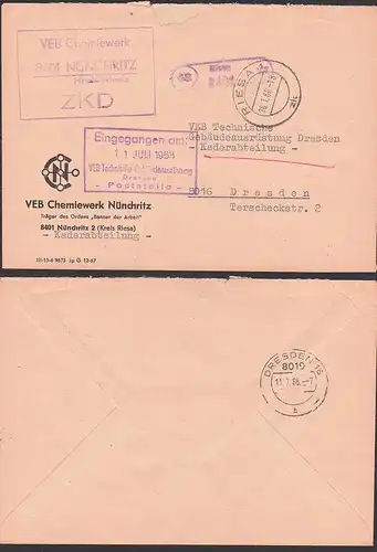 Nünchritz PSSt. Riesa, ZKD-Brief mit R4 10.7.68, VEB Chemiewerk