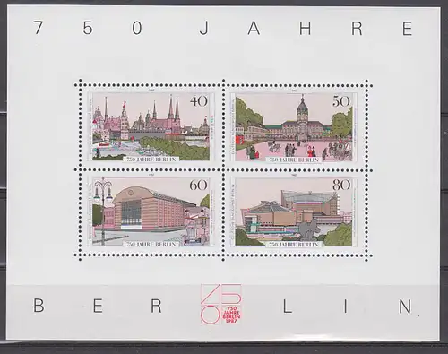 Berlin (West) Block 8 postfrisch, 750 Jahre Berlin, Schloss Charlottenburg, Philharmonie, Kammermusiksaal