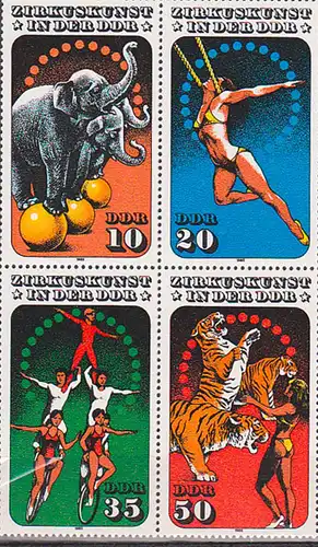 Zirkus cirk Germany Zdr. DDR 2983/86 postfrisch, Elefant, Luftakrobatik, Tigerdressur, Radäquilibristik, bike