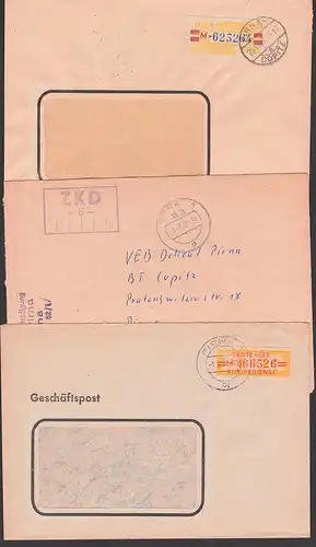 PIRNA drei ZKD-Briefe Sächsisches Kunstseidenwerk "Siegfried Rädel", Stab der Zivilverteidigung, Gießerei Pirna-Copitz