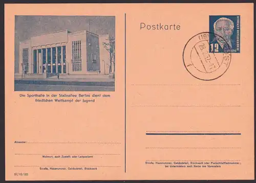 Berlin DDR Ganzsache P47/05 Sporthalle Berlin Stalinallee OSt. ZERBST 28.2.52 - frühes Datum