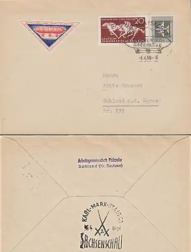 DDR Brief Grüna Baumgarten Gedenkflug Vignette 1959 Ballon Zeppelin