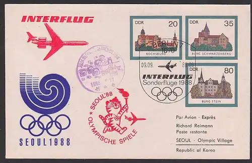Seoul 1988 Olympic village Korea Olympische Spiele, Privatzudruck, DDR U2 GA-Umschlag Burgen INTERFLUG