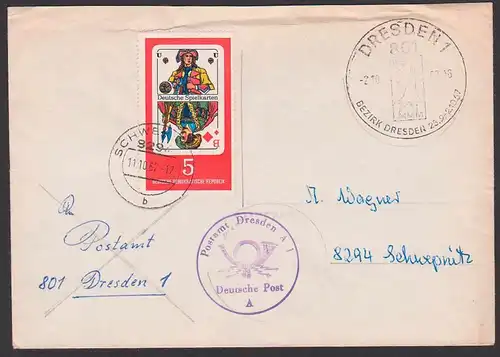 Altenburg Deutsche Spielkarten Schwerin Briefstempel DDR Brief n. Schwepnitz Postsiegel PA Dresden A1 MMM 1967