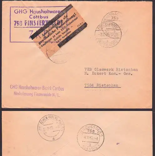 Germany East Cottbus DDR ZKD-Brief R4, Stempel ZKD 7-Kontrolle Abs. Finsterwalde GHG Hauswahltwaren