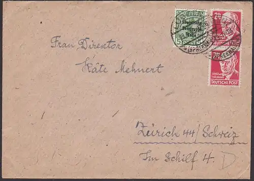 Lübben Spreewald Auslandsbrief nach Zürich Schweiz MiF SBZ-Aufdruck u. Köpfe