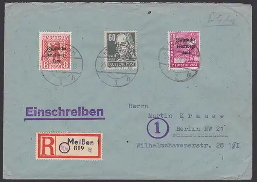 Meißen R-Brief nach Berlin NW 21,60 Pf. Hegel als 218b 25,-, MiF mit 8 Pfg. und 40 Pf SBZ-Aufdruck