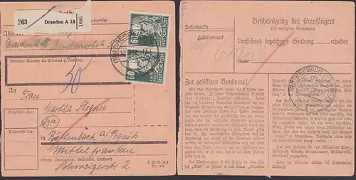 60 Pf(2) Hegel Köpfe I im Paar MiNr. 225(2) Paketkarte aus Dresden A16, geprüft BPP