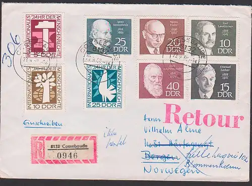 Ignaz Semmelweis Int. Jahr der Menschenrechte, Auslands-R-Brief Cossebaude - Blommenholm Norge und "retour"
