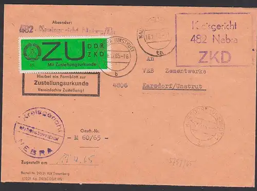 NEBRA (Unstrut) ZKD-Brief mit ZU E2 vom Kreisgericht nach Karsdorf 16.12.65, Briefstempel, Eing.-St. auf Vorderseite