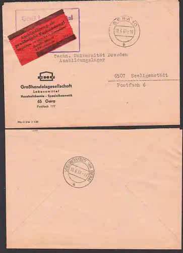 GERA ZKD -Brief mit rotem "Aushändigungs-Zettel ZKD 7". nach Seeligenstädt 19.6.67