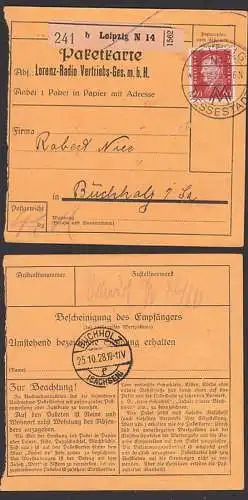 Friedrich Ebert 60 Pf. auf Paketkarte, DR 421, Leipzig N14 SoSt. 24.10.28 Messestadt, Abs. Lorenz-Radio Vertriebs-Ges.
